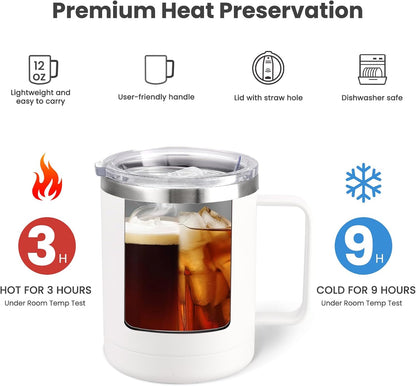 MEWAY 12oz Coffee Mug With Handle and Sliding Lid,Stainless Steel Travel Tumbler Cup with Handle,Double Wall Vacuum Insulated Camping Cup for Hot & Cold Drinks Tea (Black,Set of 1