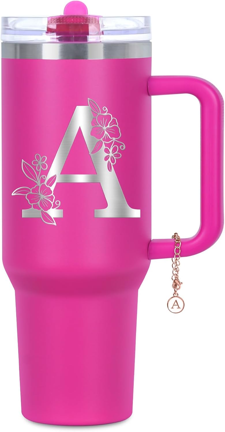 Personalized 40 oz Monogrammed Tumbler with Handle and Flip Straw Lid, 100% Leak Proof stainless steel Insulated Tumbler, Customized Initial Funny Gifts for Women Mom Sisters Coworker, A