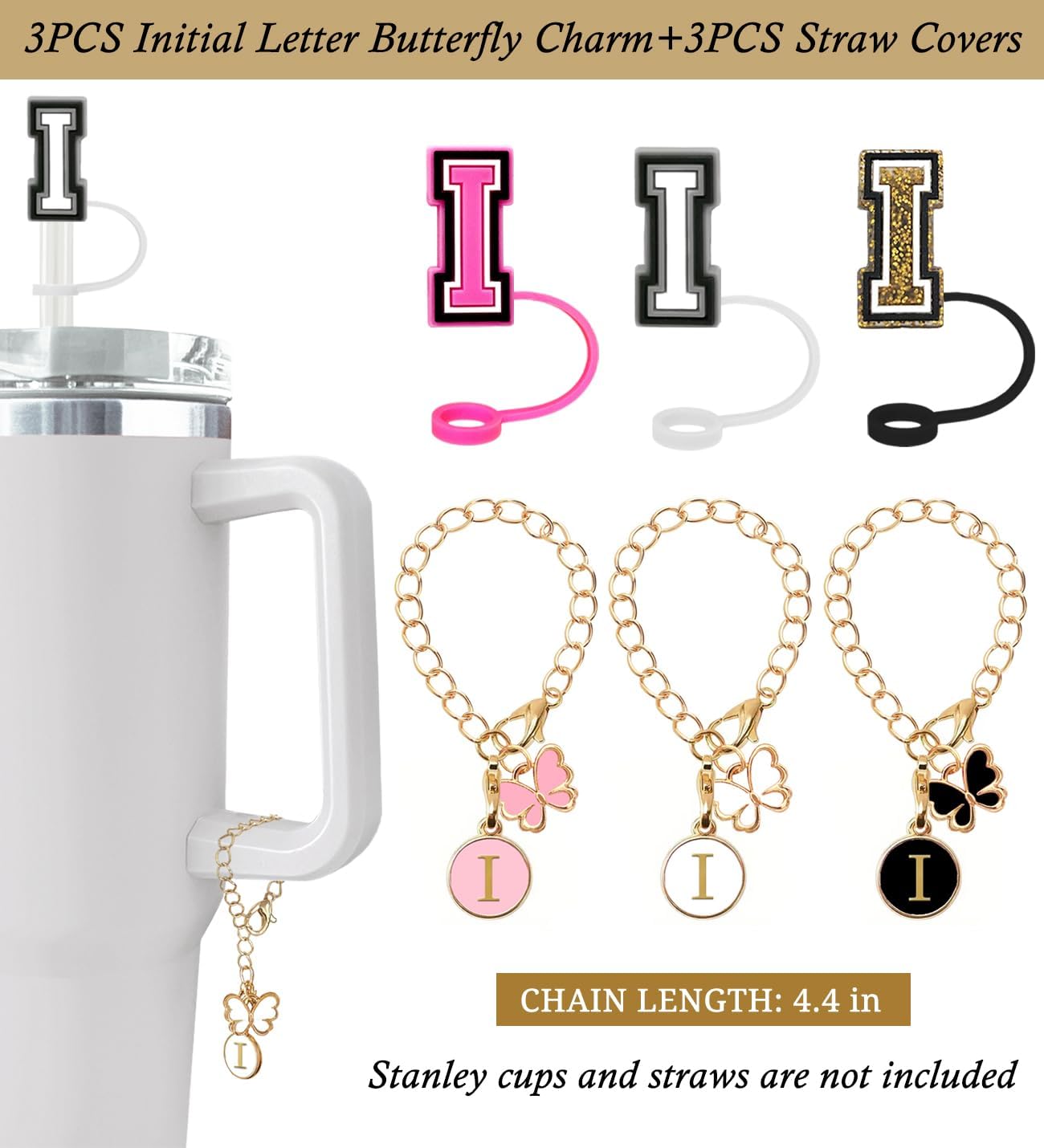 （3 +3) 3PCS Nuozme Straw Cover 10mm For Stanley Tumbler Cup Reusable Straw Cap Topper with 3 Initial Letter Charms Accessories Name ID Personalized Handle Charm For Stanley 30&40 Oz Cup Tumbler - Colors B