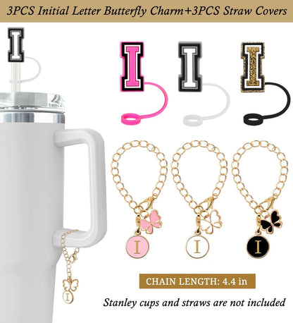 （3 +3) 3PCS Nuozme Straw Cover 10mm For Stanley Tumbler Cup Reusable Straw Cap Topper with 3 Initial Letter Charms Accessories Name ID Personalized Handle Charm For Stanley 30&40 Oz Cup Tumbler - Colors B