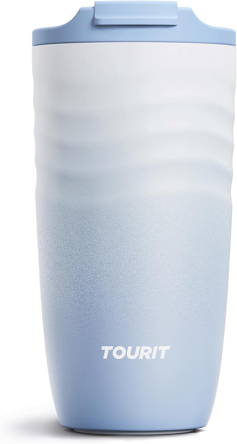 TOURIT 16 oz Travel Coffee Mug, Vacuum Insulated Stainless Steel Tumbler with Ripple-Wave Anti-Slip Grip, Built-in Silicone Bottom for Quiet & Stable, Leak-Proof Lid, Fits Car Cup Holder, Khaki