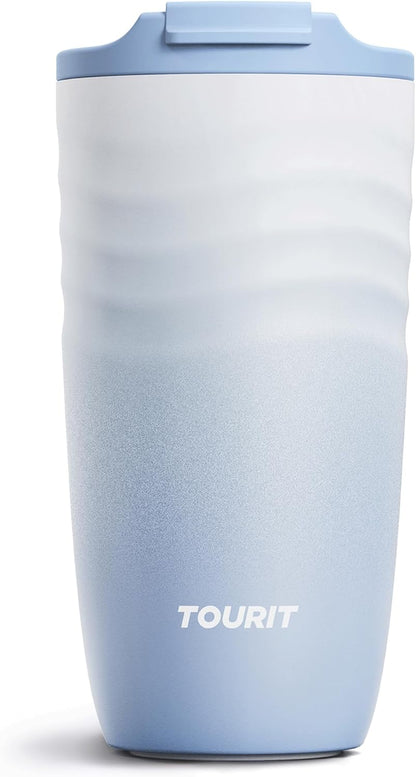 TOURIT 16 oz Travel Coffee Mug, Vacuum Insulated Stainless Steel Tumbler with Ripple-Wave Anti-Slip Grip, Built-in Silicone Bottom for Quiet & Stable, Leak-Proof Lid, Fits Car Cup Holder, Khaki