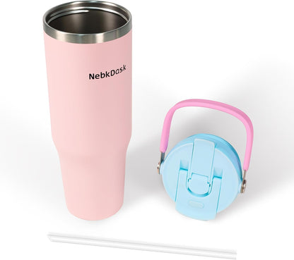 40 oz Insulated Stainless Steel Bottle with 2-in-1 Straw and Spout Lid, Water Bottle with Carry Handle Keep Cold 24H, Leak-Proof, Fits in Car Cup Holder, Travel, and School（off-White）