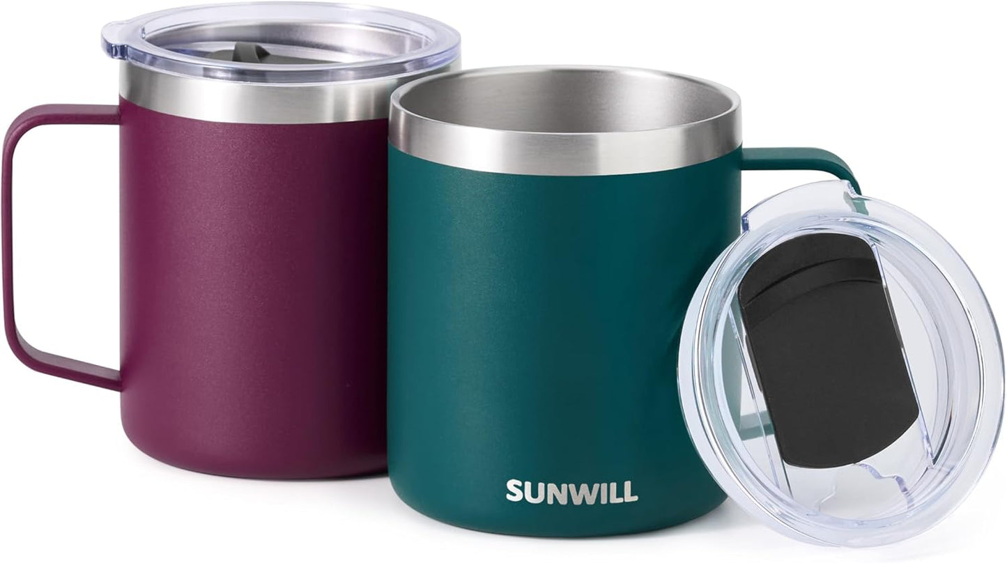 SUNWILL Travel Coffee Mug with Lid, Insulated Tumbler with Handle, 14 oz Stainless Steel Cup for Ice, Water, Tea, Rose Gold