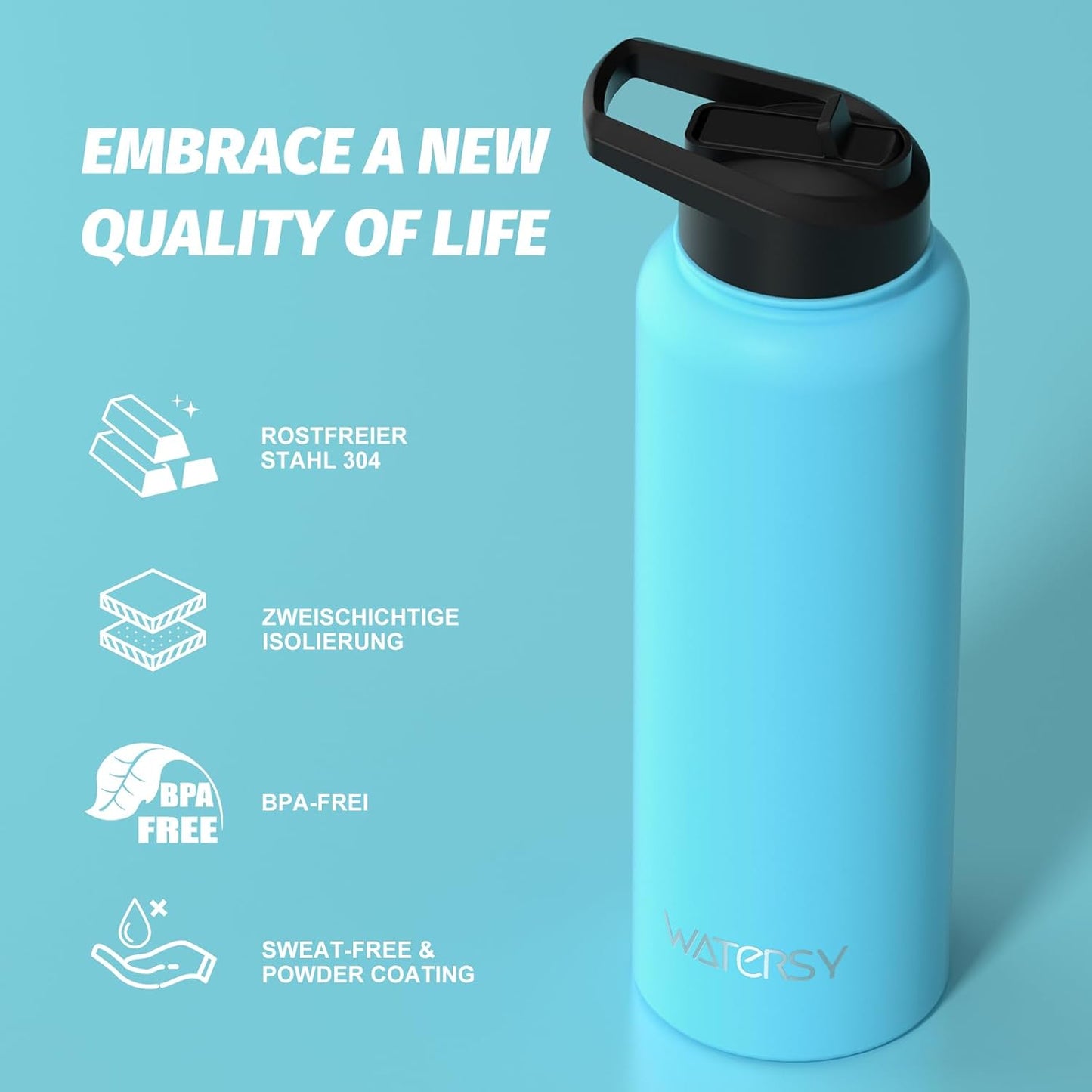 40oz Insulated Water Bottle (Cold for 48 Hrs),BPA Free&Leak Proof,Stainless Steel Water Flask,Water Jug with Straw Spout Lids for Gym,Hiking,Travel,Black Blue