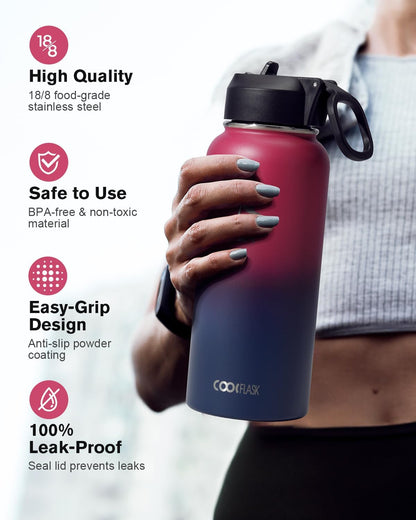Half Gallon Water Bottle Insulated with Straw & 3 Lids, Coolflask 64 oz Water Jug Large Metal Stainless Steel Wide Mouth for Sports, Gym or Office, Non-BPA Keep Cold 48H Hot 24H, Samurai Cyan