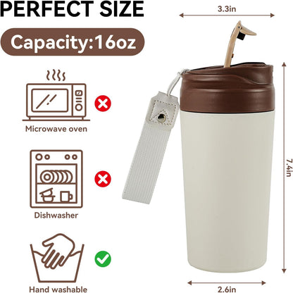 16oz Ceramic Travel Mug with Lid- 100% Real Ceramic Liner (No Coating), Heat-Resistant Outer Wall, Leak-Proof Lid with Detachable Strap, Fits Car Cup Holder