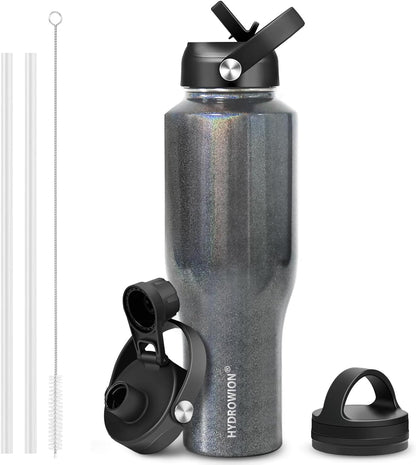 HYDROWION 32oz Stainless Steel Water Bottle(Cold for 48 Hrs, Hot for 24 Hrs),Double Wall Vacuum Insulated Water Bottle with Straw Lid, Spout Lid and Flex Cap, Fit in Any Car Cup Holder,Black