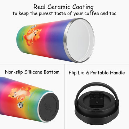 Funkrin Insulated Coffee Mug with Ceramic Coating, 16oz Iced Coffee Tumbler Cup with Flip Lid and Handle, Double Wall Vacuum Leak-Proof Travel Mug for Office School Party Camping