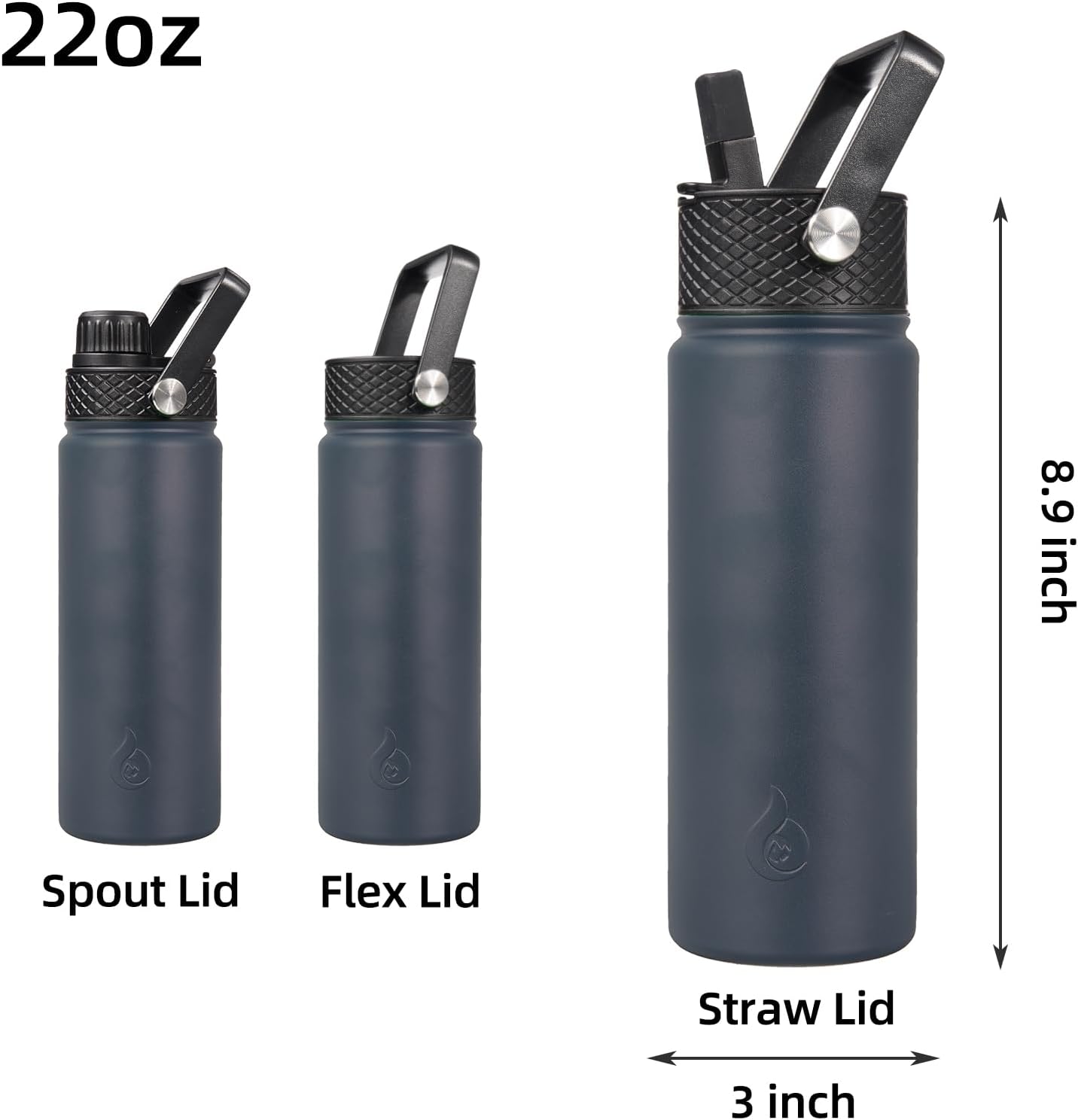 BJPKPK Insulated Water Bottles with Straw Lid, 40oz Stainless Steel Water Bottles with 3 Lids, BPA Free Leakproof Thermo, Tumblers, Cups for Sports, Gym- Midnight - Colors A