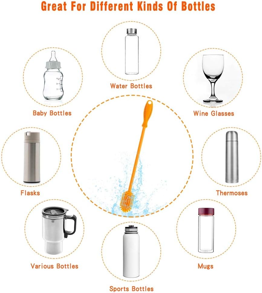 Silicone Bottle Cleaning Brush with Long Handle, 12.5" Water Bottle Cleaner for Baby Bottles, Hydro Flask, Sports Bottle, Vase, Glassware, Perfect for Smaller Diameter Bottle Openings (One Pack)