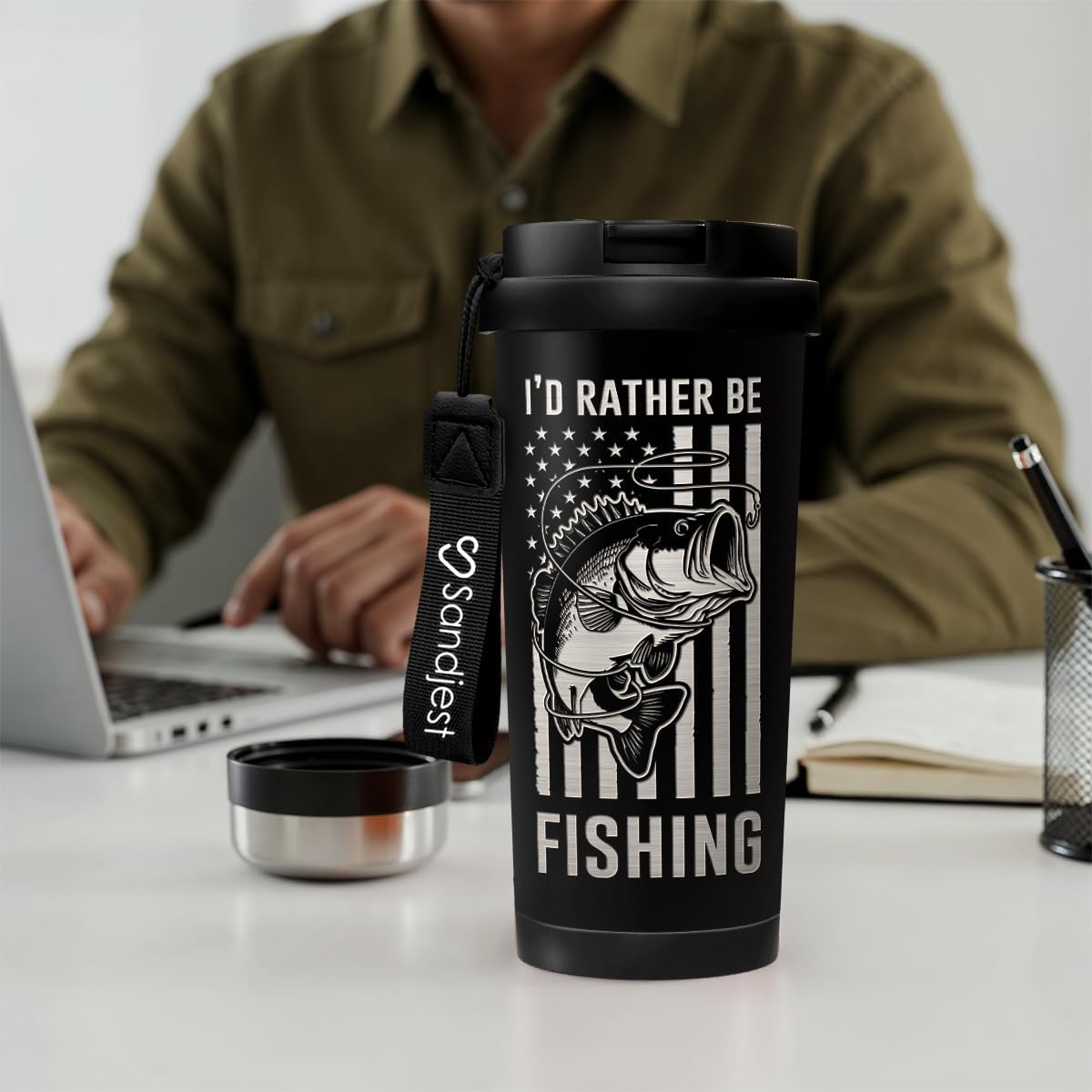 SANDJEST American Flag Tumbler - Stainless Steel 2-in-1 Lid Coffee Tumbler 18 oz, Patriotic Insulated Travel Mug Gift for Men Husband Dad, Birthday Christmas