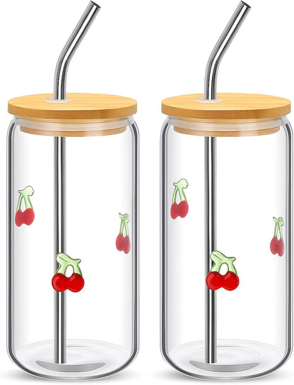 Honeydak 2 Pcs Icon Juice Glass Tumbler with Lid & Straw - 18 oz Cloud and Sun Icon Can Shape Glass Cups Coffee Juice Beer Soda Drinking Cup for Summer Halloween Christmas Party Supplies Gift