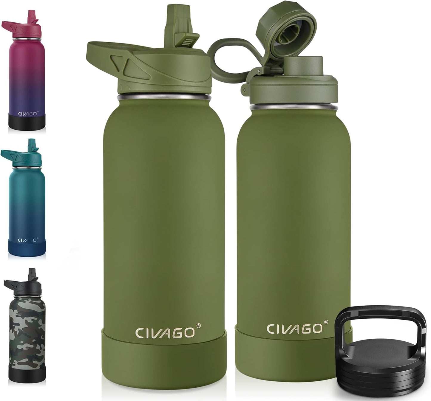 CIVAGO 32 oz Insulated Water Bottle With Straw, Stainless Steel Sports Water Cup Flask with 3 Lids (Straw, Spout and Handle Lid), Wide Mouth Travel Thermal Mug, Black
