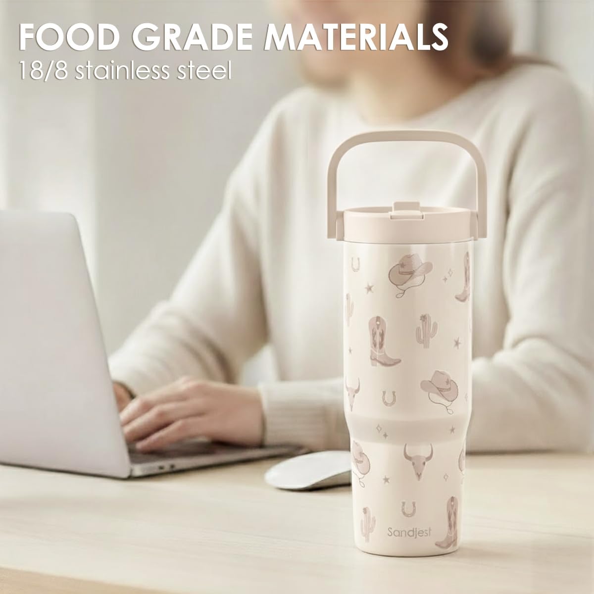SANDJEST Leopard Skin Stainless Steel Straw Lid Tumbler 30oz with Carry Handle for Women Girls, Insulated Travel Coffee Cup, Gift for Sports Outdoor Workout Christmas Birthday (Beige)