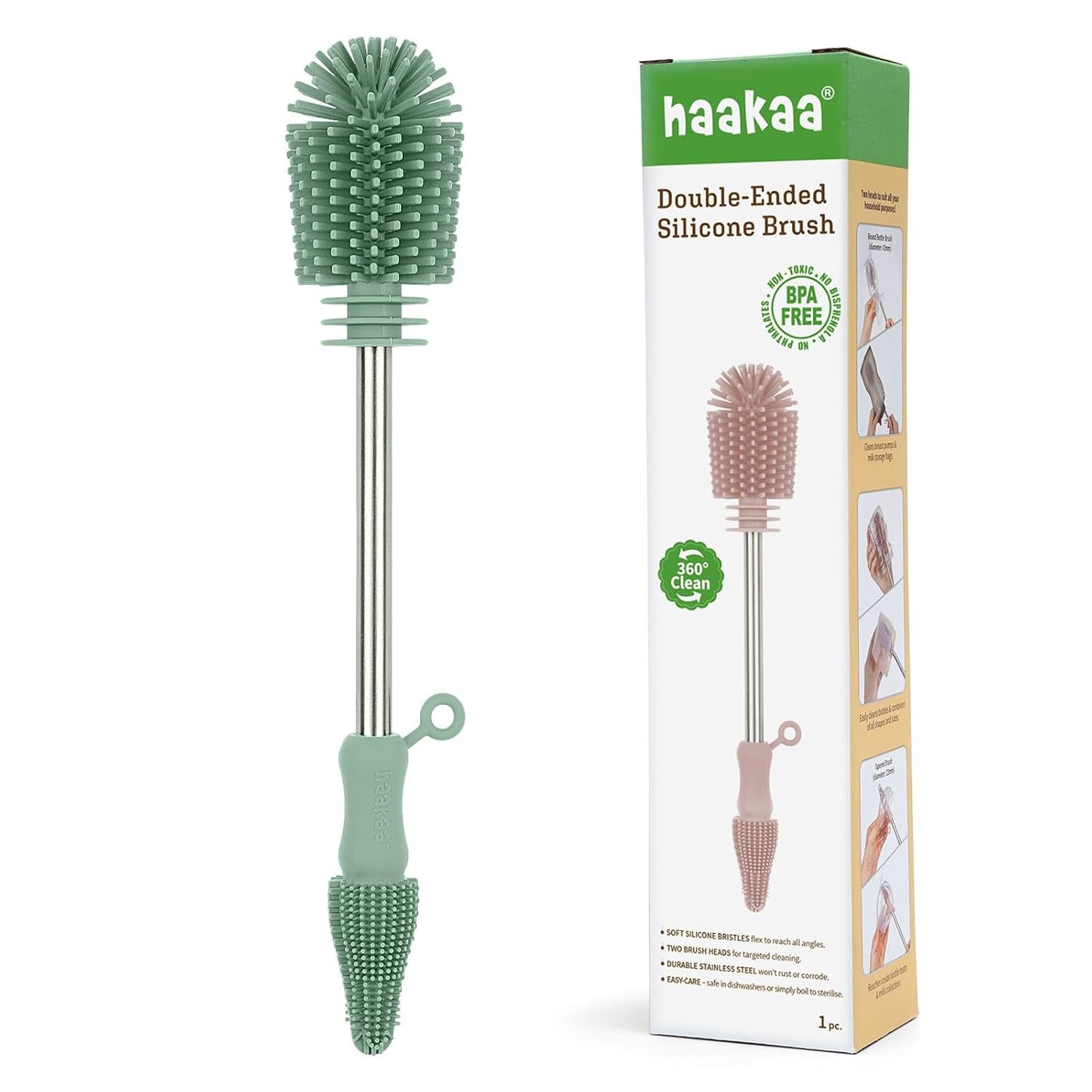 Haakaa Silicone Cleaning Brush for Baby Bottles and Crevices, Double-Ended Bottle Brush for Breast Pumps, Milk Collectors, Nipples and Breastmilk Storage Bags, Food-Grade Silicone, Pea Green, 1 Pack