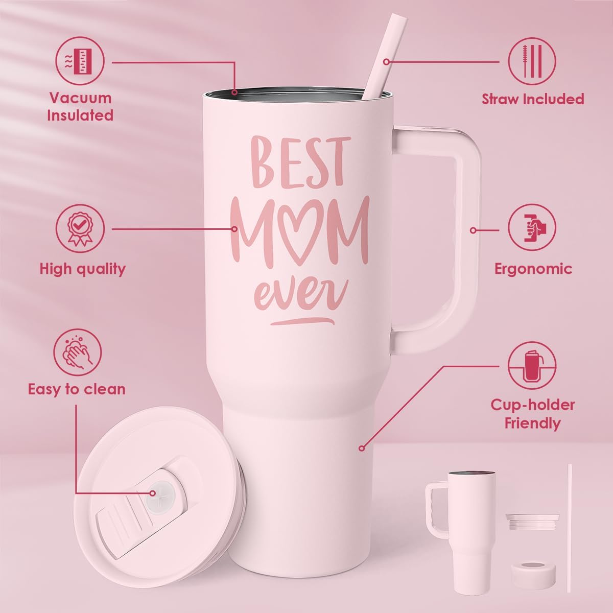 Floral Tumbler with Handle 40oz, Stainless Steel Insulated Tumblers Coffee Travel Mug Cup with Straw, Flower Coffee Cup Gifts for Women Girls, Gift for Her on Christmas Birthday Mothers Day