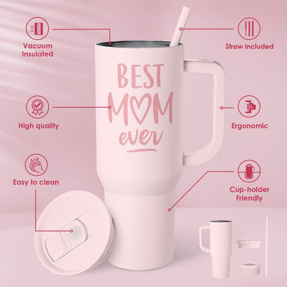 Floral Tumbler with Handle 40oz, Stainless Steel Insulated Tumblers Coffee Travel Mug Cup with Straw, Flower Coffee Cup Gifts for Women Girls, Gift for Her on Christmas Birthday Mothers Day