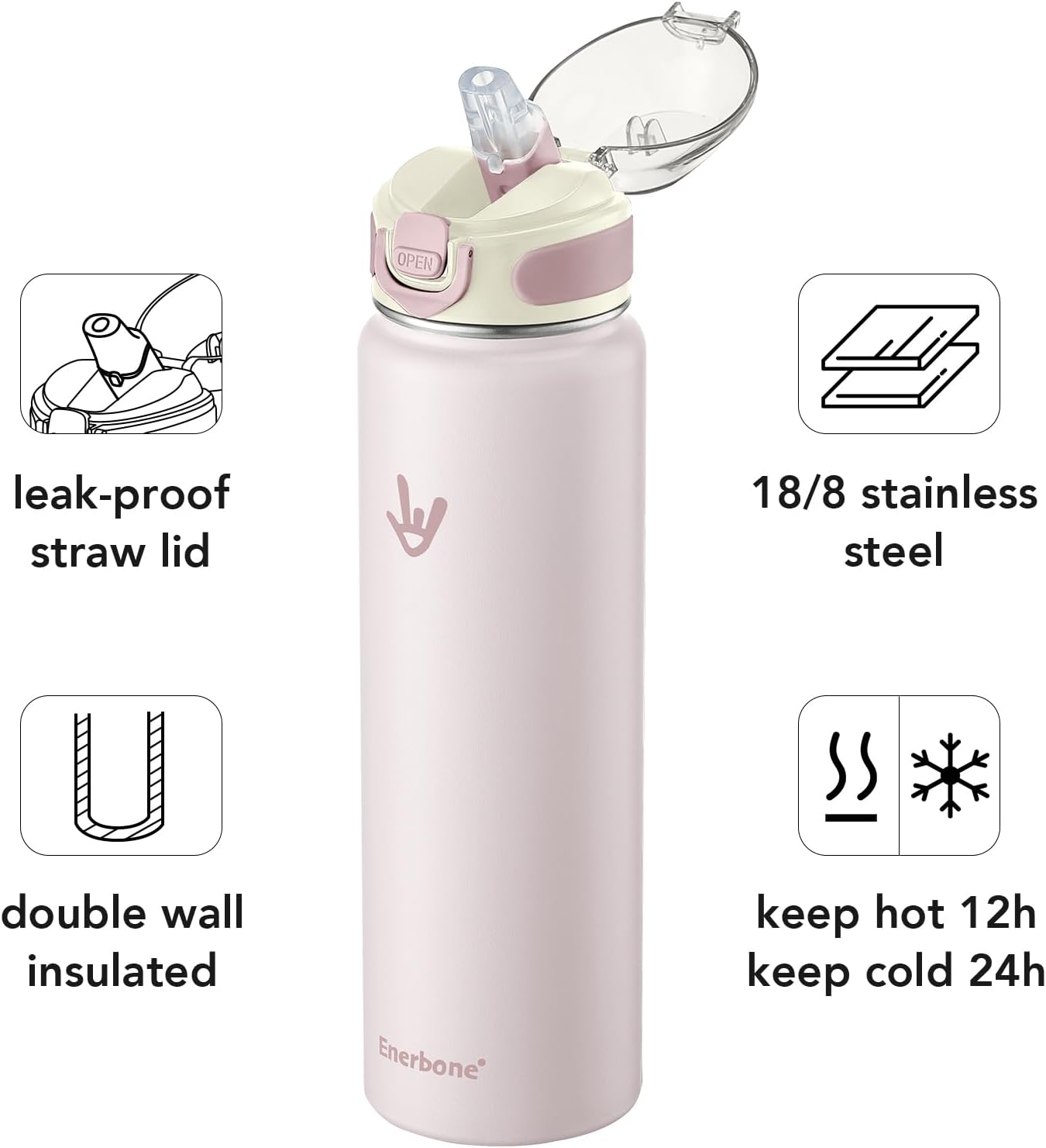 Enerbone 24 oz Insulated Water Bottle, Stainless Steel Bottle with Carrying Strap, Double-Wall Vacuum Insulation Design, Leakproof Sports Bottle with Straw, Keep Drinks Cold or Hot for Hours
