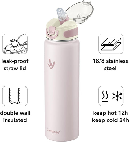 Enerbone 24 oz Insulated Water Bottle, Stainless Steel Bottle with Carrying Strap, Double-Wall Vacuum Insulation Design, Leakproof Sports Bottle with Straw, Keep Drinks Cold or Hot for Hours