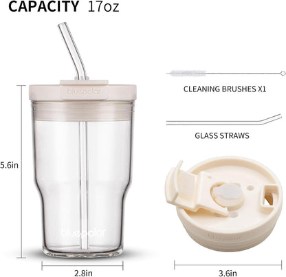 BLUEPOLAR 16oz/480ml Iced Coffee Cups With Lids And Straws,Reusable Leakproof Glass Tumbler,Water Bottles,Cold Brew,Drinking Jars For Juicing,Matcha,Tea,Smoothie For Travel,Office (Off-White)
