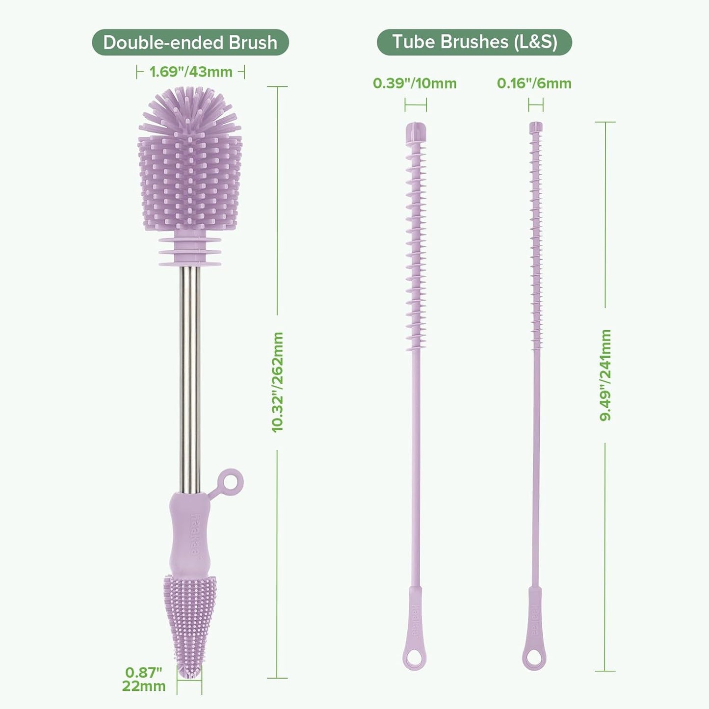 Haakaa Silicone Cleaning Brush for Baby Bottles and Crevices, Double-Ended Bottle Brush for Breast Pumps, Milk Collectors, Nipples and Breastmilk Storage Bags, Food-Grade Silicone, Pea Green, 1 Pack