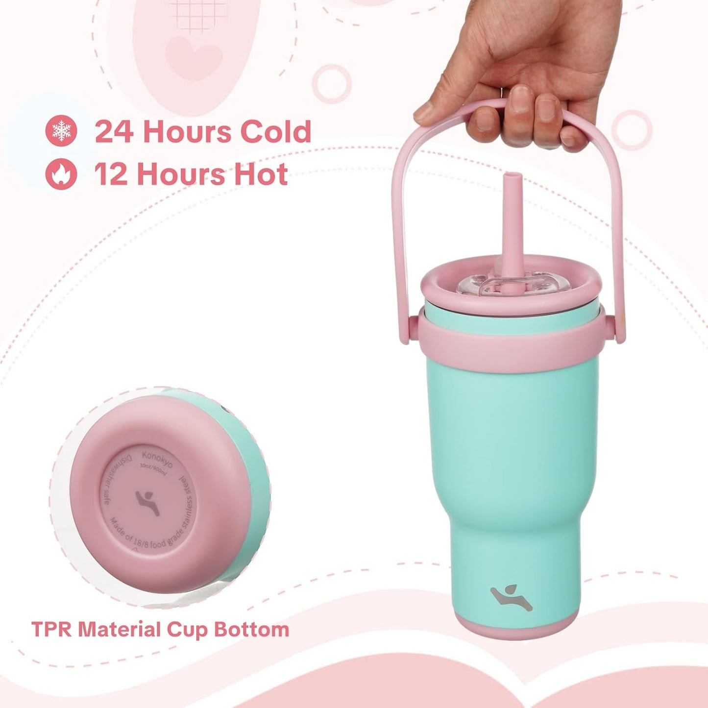 Konokyo 30 oz Tumbler with Side Handle, Insulated Water Bottle with Straw and 2 in 1 Lid, Stainless Steel Cup Travel Coffee Mug for Sports Office Gym,Purple