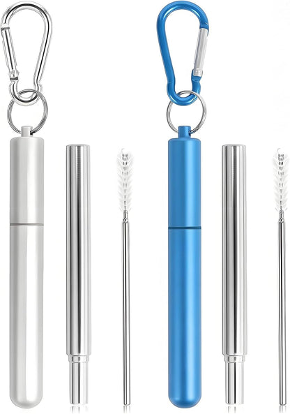 Collapsible Stainless Steel Drinking Straws with Aluminum Case, Cleaning Brush, and Keychains（Black+Silver）