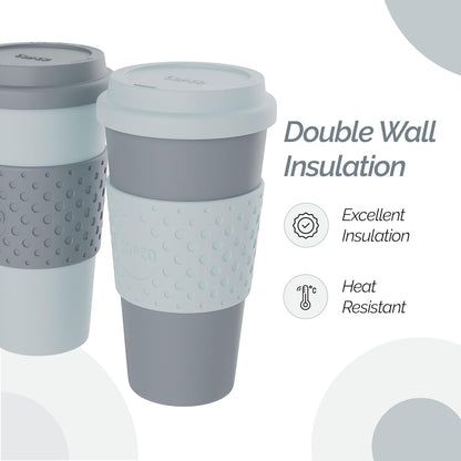 Copco Acadia 16oz Travel Mug with Lid, Set of 2 Double Wall Insulated Tumbler, Non-Slip Sleeve and BPA-Free - Microwave & Dishwasher Safe, Reusable Plastic To Go Travel Coffee Mug (Navy/Blue)