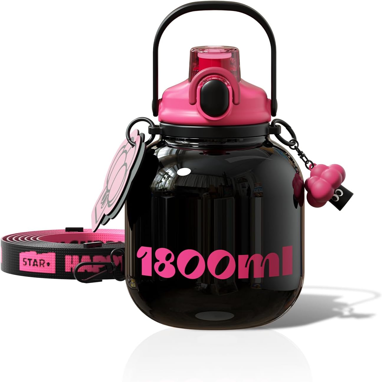 60 oz Big Gallon Water Bottle with Straw and Carry Handle, Black Wide Mouth Vacuum Water Jug, Insulated Stainless Steel Bottles; Heavy-Duty Aesthetic Yoga Flask for Women, Sweet & Cool Black