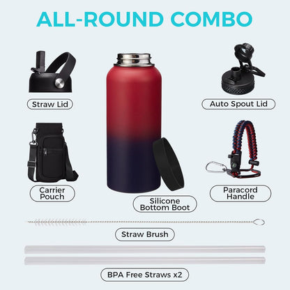 32/40/64OZ Insulated Water Bottle - Keep Cold 48H Hot 24H, Combo Straw/Spout Lids, Paracord Handle for Gym/Hiking, Carrier Bag +Strap, Cup Mat, BPA-Free Stainless Steel Flask Jug