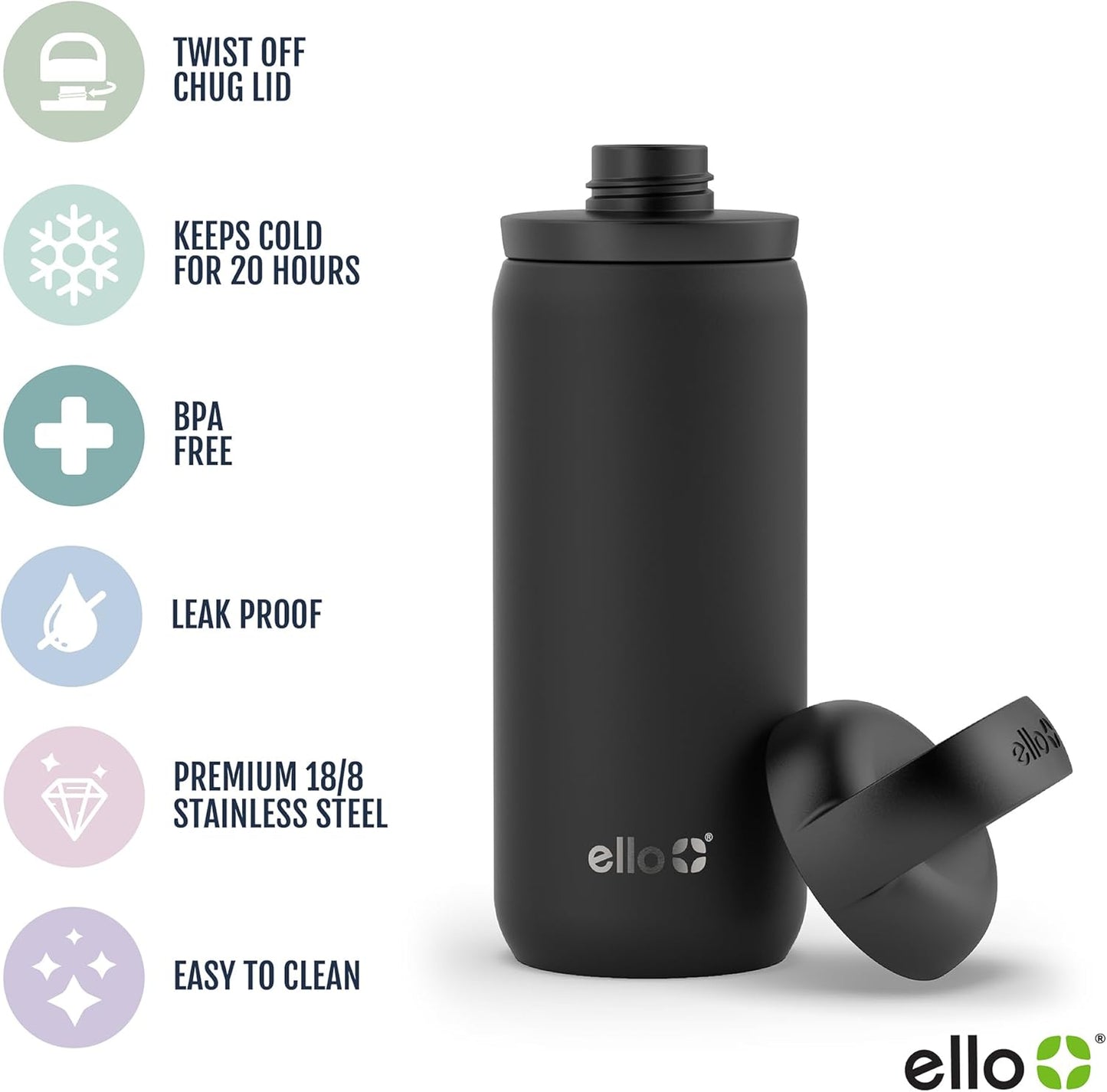 Ello Cooper 22oz Stainless Steel Water Bottle with Straw and Carry Handle, Double Walled and Vacuum Insulated Metal, Leak Proof Locking Lid with Soft Silicone Spout, Reusable, BPA Free, Lilac