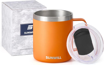 SUNWILL Travel Coffee Mug with Lid, Insulated Tumbler with Handle, 14 oz Stainless Steel Cup for Ice, Water, Tea, Rose Gold