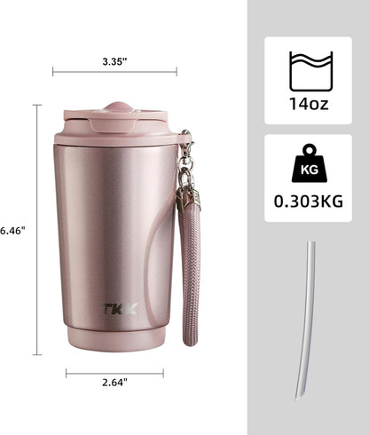 TKK Coffee Cup with Ceramic Coating - 14oz Insulated Stainless Steel Travel Mug, Leak-Proof Tumblers with Straw for Hot/Cold Beverages, Easy Wide Mouth Cleaning, White