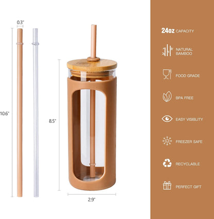 Kodrine 20oz Glass Water Tumbler with Straw and Lid, Bamboo Lids Water Bottle, Iced Coffee Cup Reusable, Wide Mouth Smoothie Cups with Protective Silicone Sleeve BPA FREE-Black - Colors B