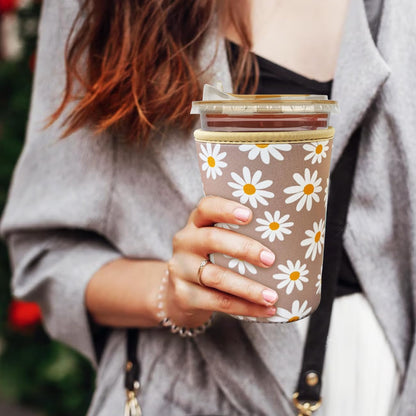 Reusable Insulated Neoprene Iced Coffee Cup Sleeve, Durable Drink Sleeve for Cold Beverages, Beverage Holder for Iced Coffee, Floral Checkers