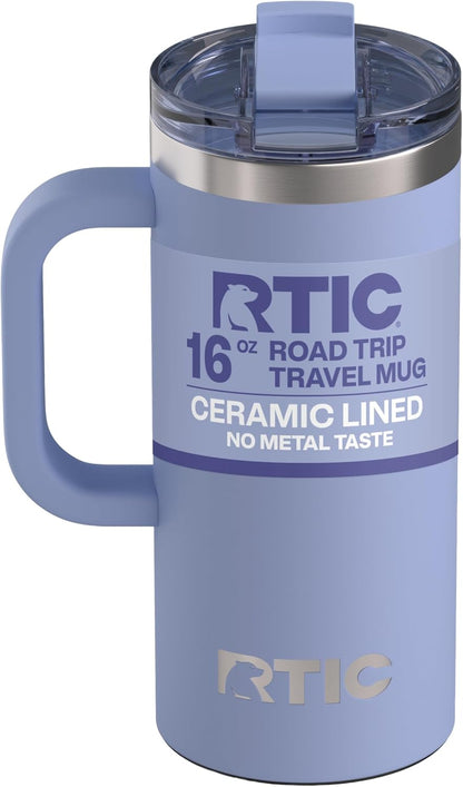 RTIC 20oz Road Trip Travel Mug with Lid and Handle, Ceramic Lined, Insulated, Stainless Steel, Metal, Double Wall Vacuum-Insulation, Portable Coffee, Tea Cup for Hot and Cold Drink, Black