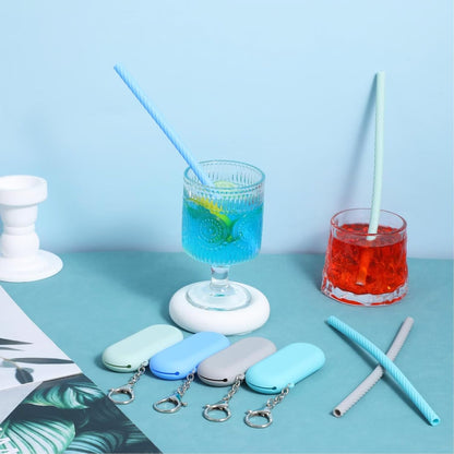 4 Set Portable Straw,Reusable Straws Silicone with Case Silicone Portable Drinking travel Straw Set for Party Travel Cold or Hot with 4 Cleaning Brushes (Purple,Pink,Green, Blue）
