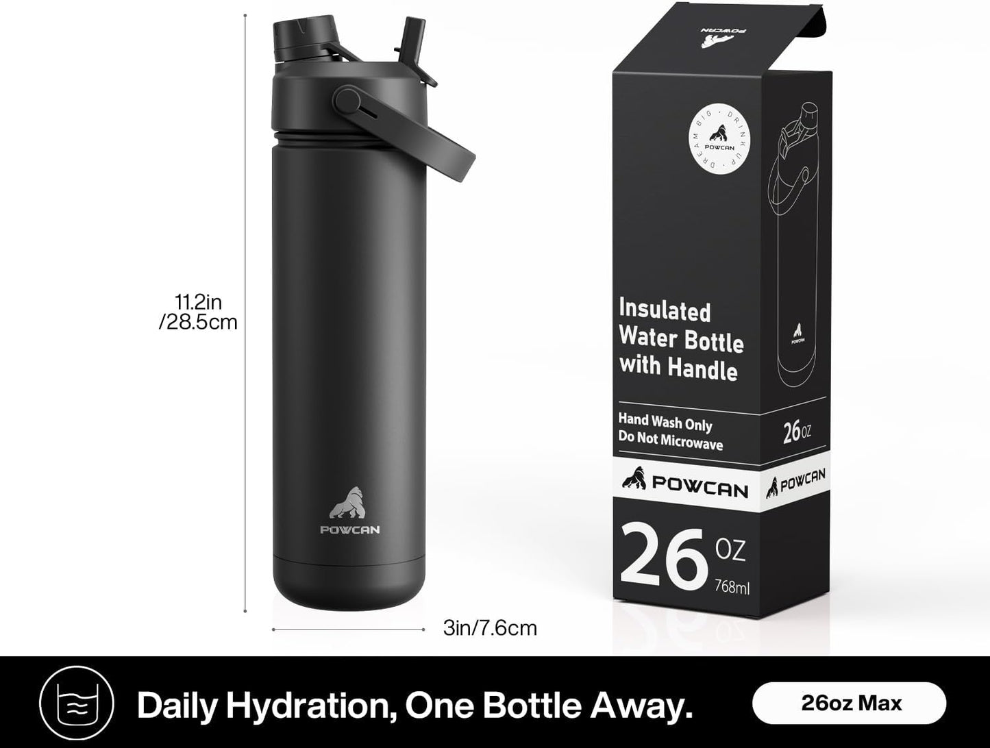 POWCAN 26 oz Insulated Water Bottle with 2-in-1 Straw and Spout Lid, Keep Cold 24H, Leak-Proof, Fits in Car Cup Holder, Stainless Steel Water Bottle for Sports, Travel, and School (Mint)