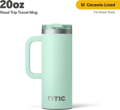 RTIC 20oz Road Trip Travel Mug with Lid and Handle, Ceramic Lined, Insulated, Stainless Steel, Metal, Double Wall Vacuum-Insulation, Portable Coffee, Tea Cup for Hot and Cold Drink, Black