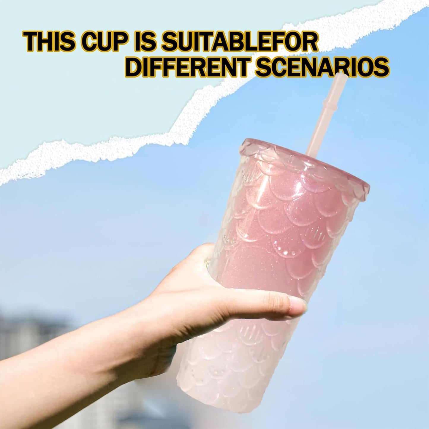 Studded Tumbler With Straw Tumblers With Lids And Straws Iridescent Blue Cups Water Cup With Straw And Lid BPA-Free Double-Wall Plastic for Iced Coffee Cups or Water 24 Oz