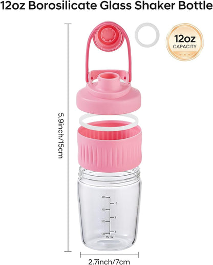 16oz Glass Shaker Bottle for Protein, Small Borosilicate Glass Protein Powder Leak-Proof Shaker Cup Mixes with 304 Blending Ball(16oz,Black)