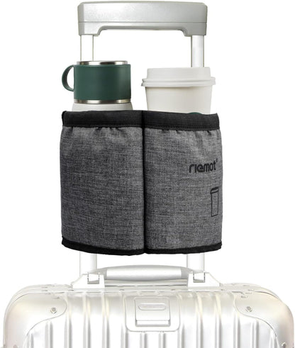 riemot Luggage Travel Cup Holder Free Hand Drink Carrier - Hold Two Coffee Mugs - Fits Roll on Suitcase Handles - Gifts for Flight Attendants Travelers Accessories Carbon Black