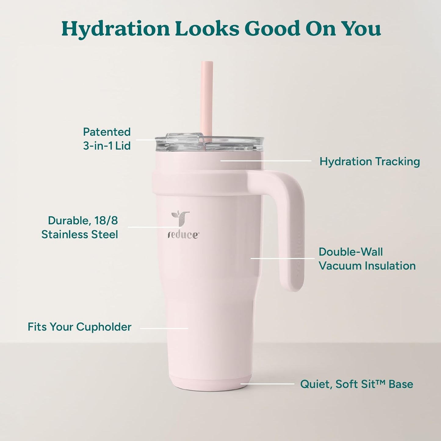 REDUCE 24 oz Stainless Steel Tumbler with Handle - Dual-Wall Vacuum Insulated Travel Mug, Sweat-Proof Lid & Reusable Straw - Keeps Drinks Cold for 24 Hrs, Fits Cupholders, Dishwasher Safe - Lilac Bud