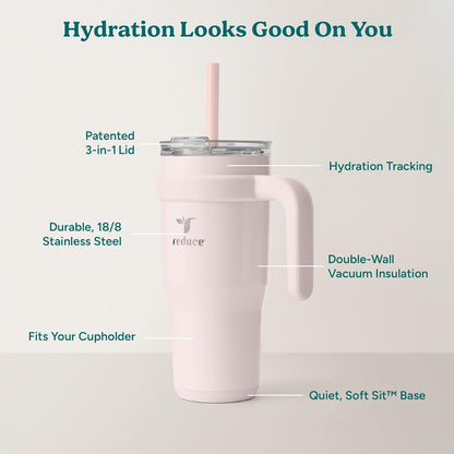 REDUCE 24 oz Stainless Steel Tumbler with Handle - Dual-Wall Vacuum Insulated Travel Mug, Sweat-Proof Lid & Reusable Straw - Keeps Drinks Cold for 24 Hrs, Fits Cupholders, Dishwasher Safe - Lilac Bud