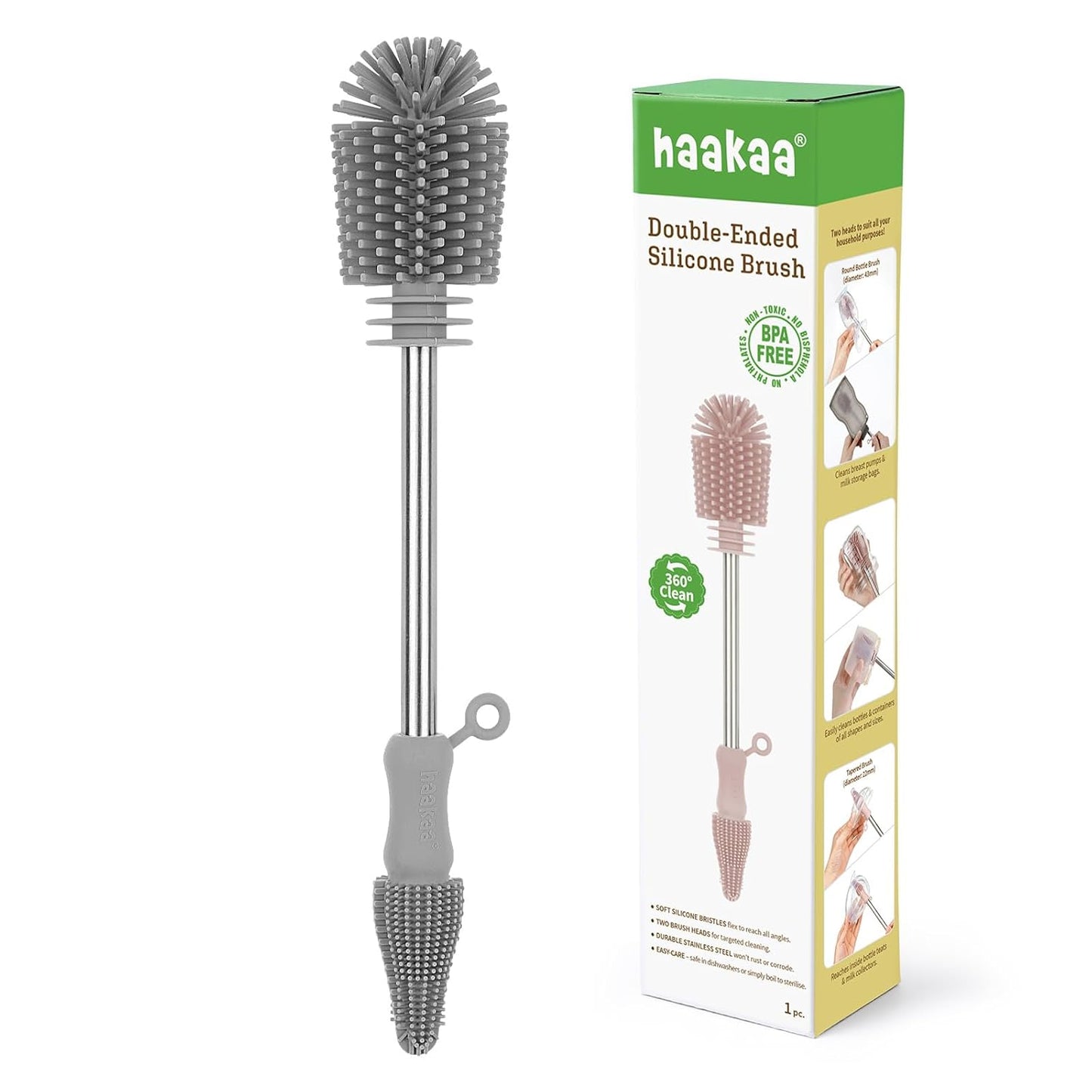 Haakaa Silicone Cleaning Brush for Baby Bottles and Crevices, Double-Ended Bottle Brush for Breast Pumps, Milk Collectors, Nipples and Breastmilk Storage Bags, Food-Grade Silicone, Pea Green, 1 Pack