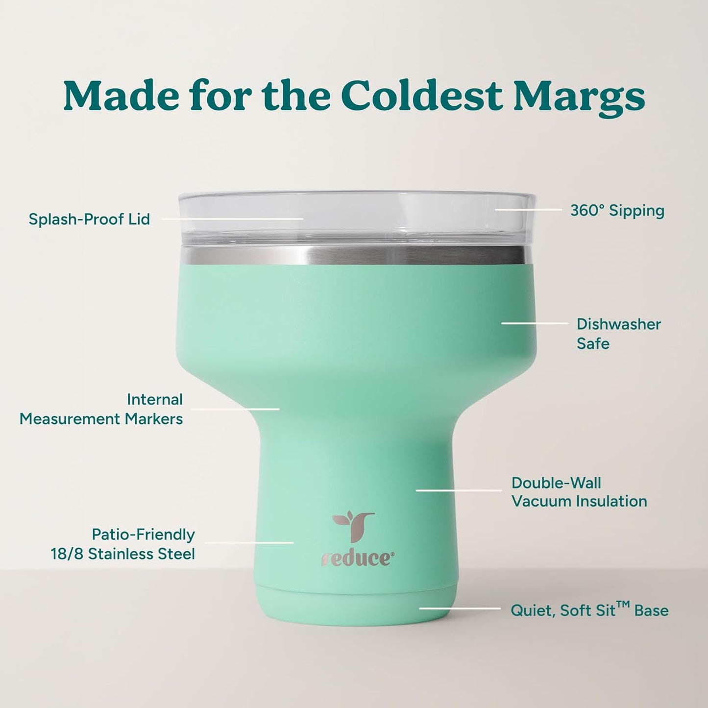REDUCE Saltini 16 oz Cocktail Tumbler - Insulated Margarita Tumbler with Lid - Keeps Drinks Cold for 10 Hours - 360 Sippable Martini Glass Alternative - Shatterproof, Perfect for Parties - Cloud Blue