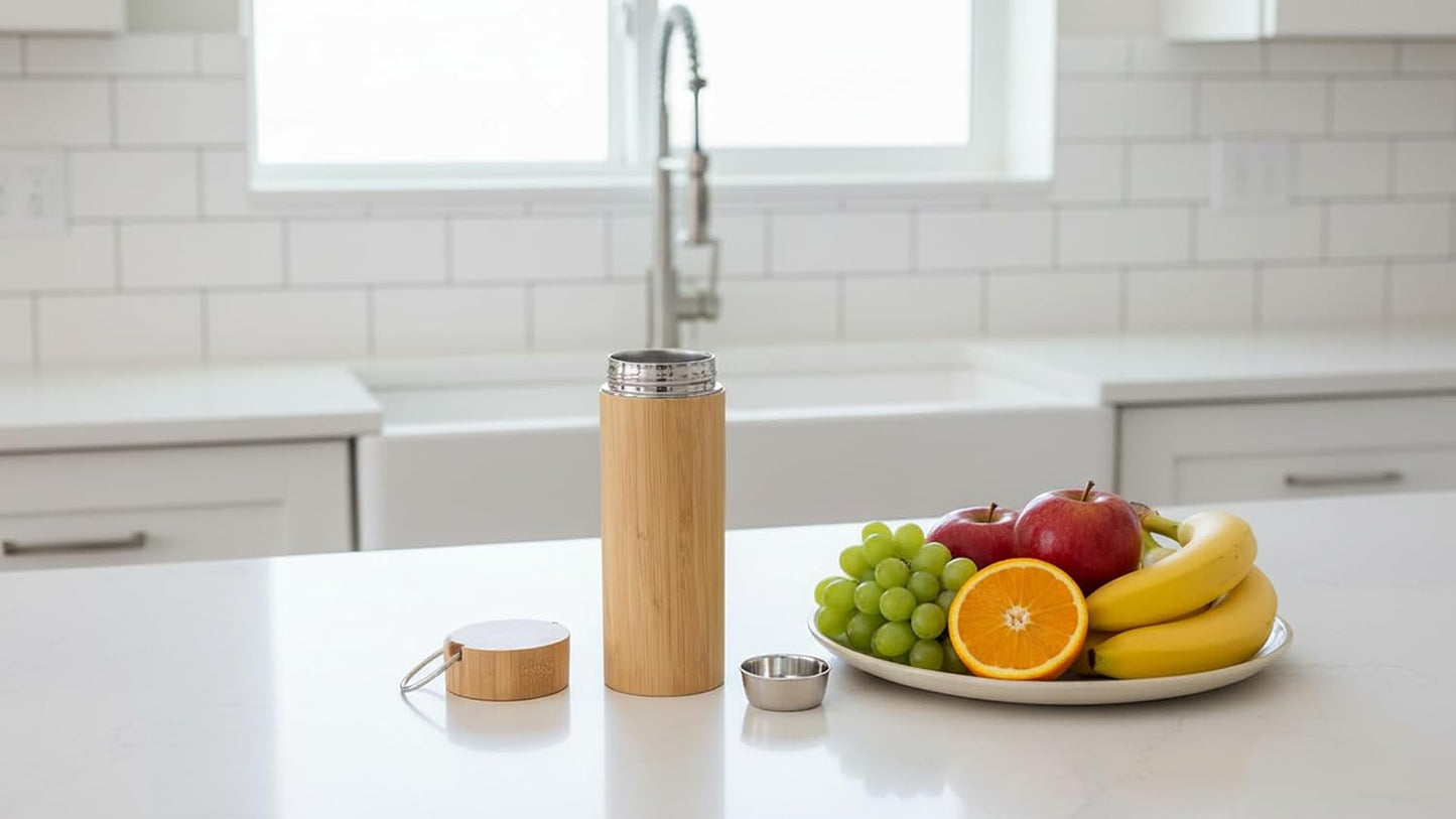 Bamboo Tea Tumbler with Infuser - 17oz Double Wall Vacuum Insulated Stainless Steel Travel Mug | Leakproof Thermal Flask with Strainer for Loose Leaf Tea, Coffee and Fruit Water