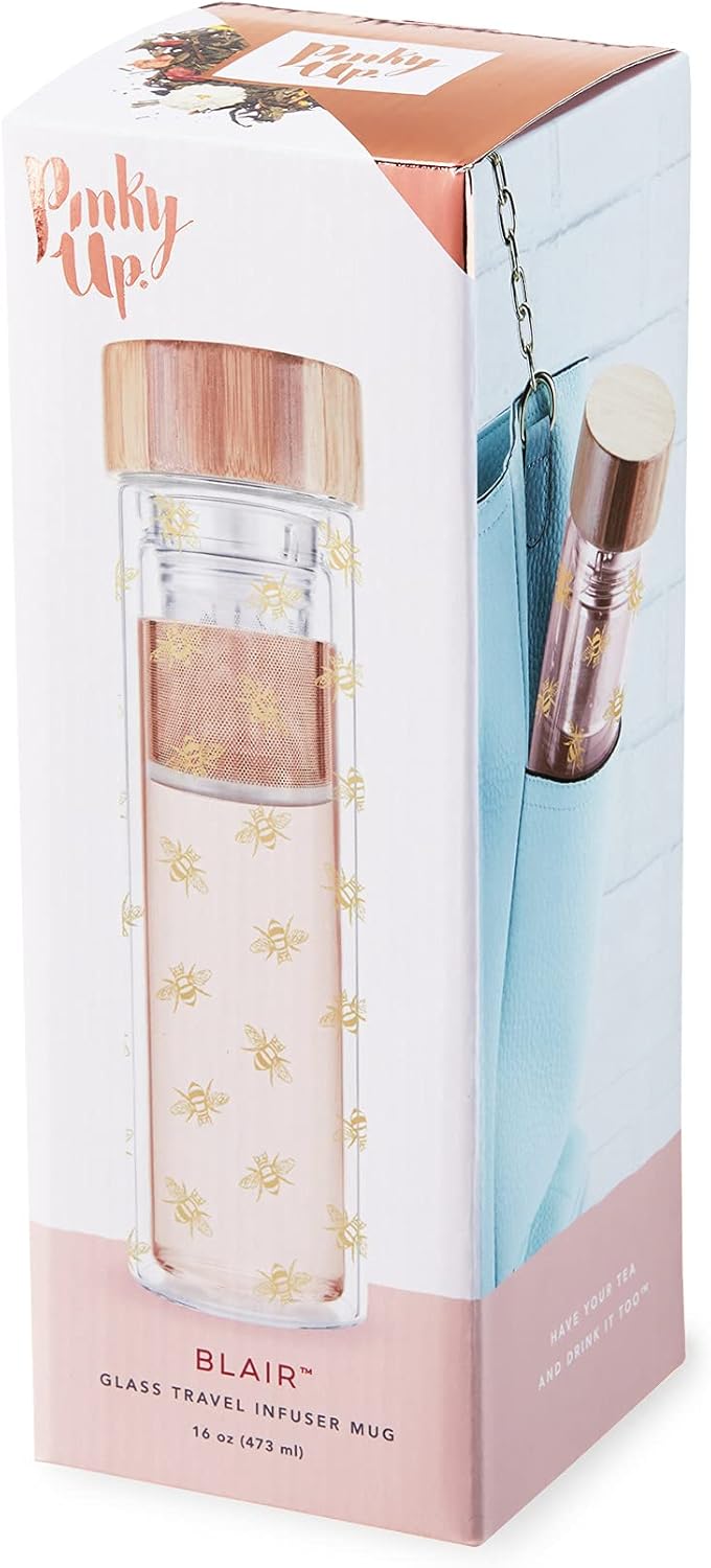 Pinky Up Blair Travel Tea Infuser Mug, Double Walled Insulated Travel Tumbler with Loose Leaf Tea Strainer, Travel Coffee Mug, Keeps Drinks Hot or Cold, 16 oz, White Leaf