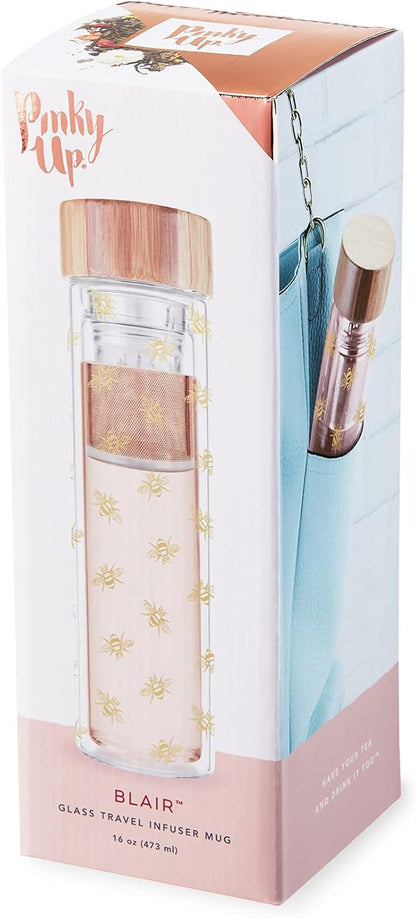 Pinky Up Blair Travel Tea Infuser Mug, Double Walled Insulated Travel Tumbler with Loose Leaf Tea Strainer, Travel Coffee Mug, Keeps Drinks Hot or Cold, 16 oz, White Leaf
